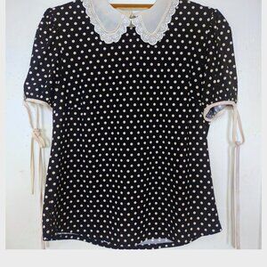 Faith and Joy polka dot pearl lace collar short sleeves black and off white NWOT